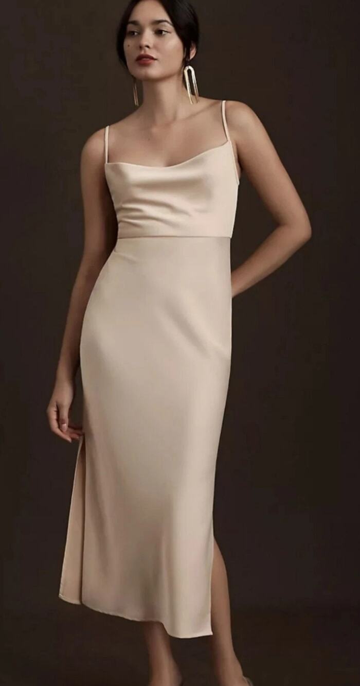 Anthropologie BHLDN Cali Beige Satin Midi Slip Dress US 4